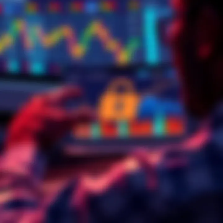 A frustrated person looking at a laptop screen showing a locked Coinbase account during a cryptocurrency bull run, with graphs of rising prices in the background.