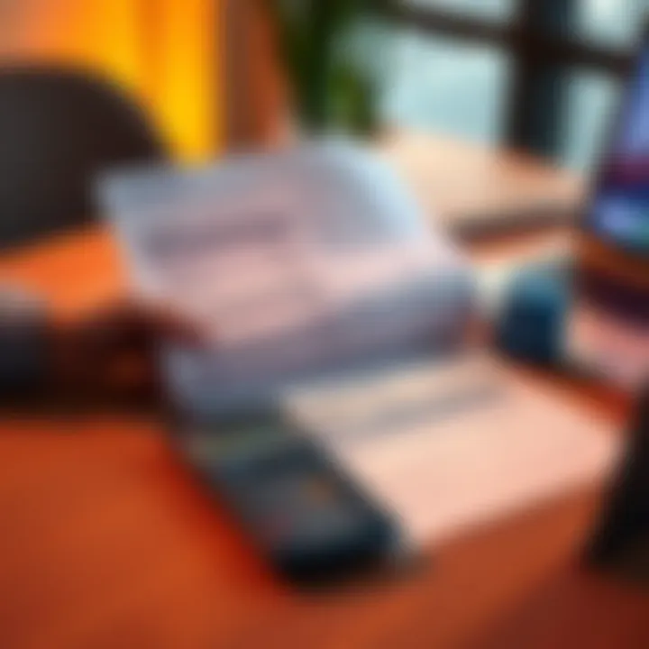 A person reviewing cryptocurrency tax forms, showing Coinbase's 1099-DA and Schedule D side by side on a table, with a calculator and laptop nearby.