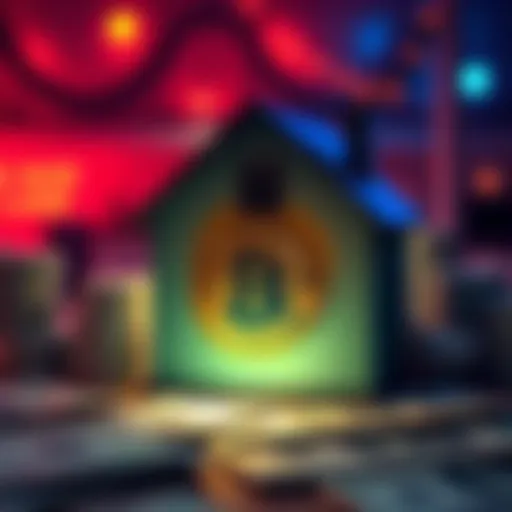 A graphic showing a house with a Bitcoin symbol and dollar bills, representing Coinbase's new subprime loan service backed by cryptocurrency.