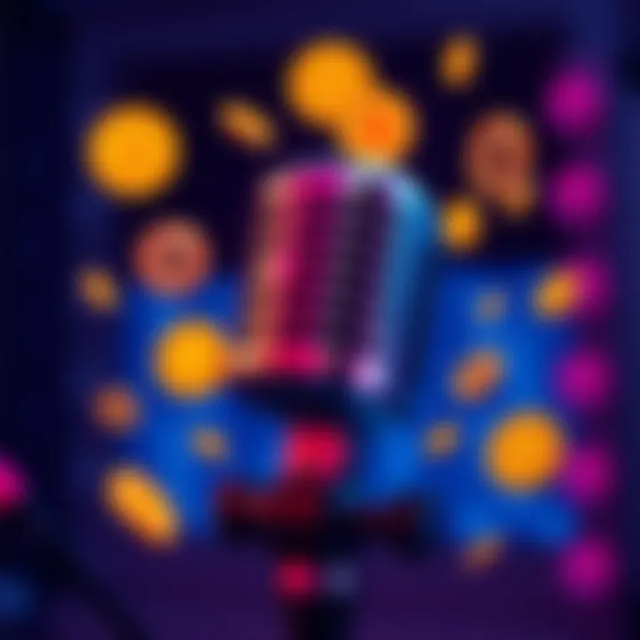 A visual of a microphone with cryptocurrency symbols around it, representing Coinbase's investment in a podcast.