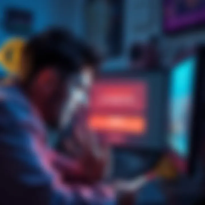 Coinbase User Frustration A stressed person looking at a computer screen with a warning message about loan repayment issues while holding a phone.