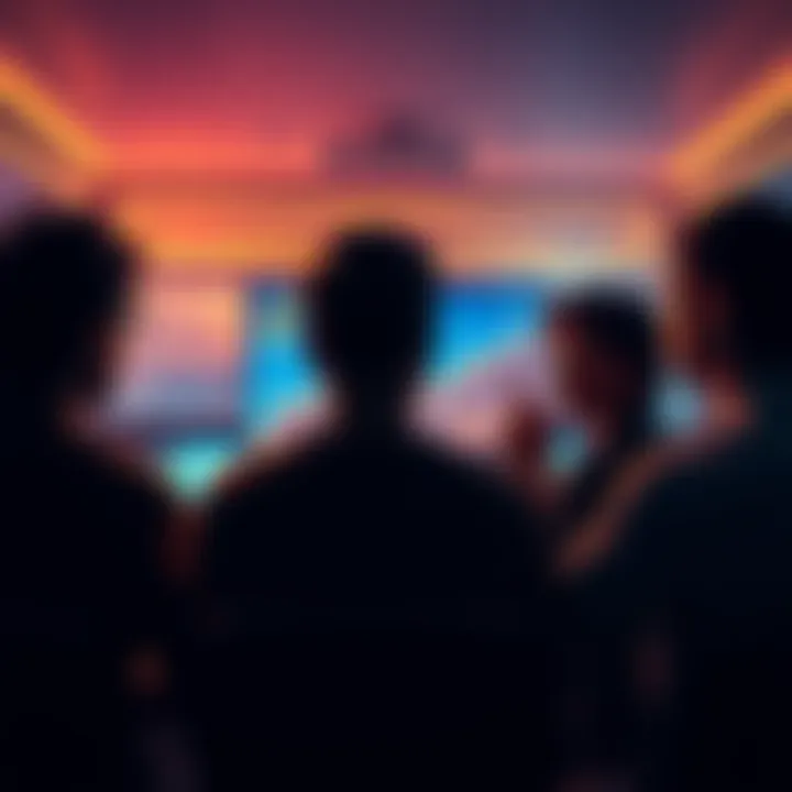 Group of Coinbase users looking at a screen showing Bitcoin price drop, with a somber mood, reminiscent of 'Hotel California' theme