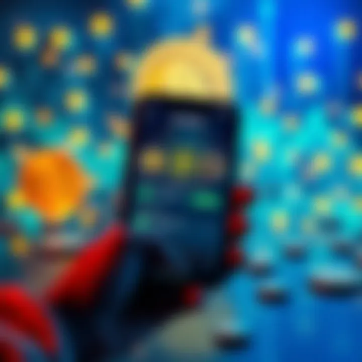 A smartphone showing Coinkite's latest features with digital currency symbols in the background