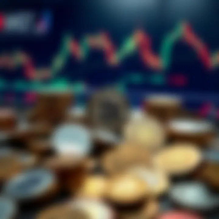 A collection of various cryptocurrency coins arranged with fluctuating market charts in the background, symbolizing the uncertainty in the altcoin market.