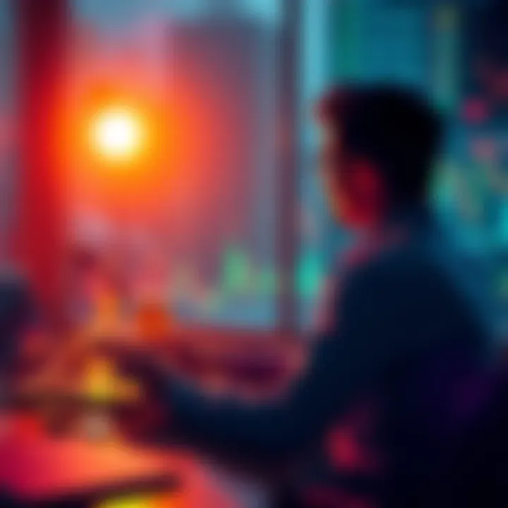 A person sitting at a desk, looking at a laptop displaying financial graphs and coins, pondering a decision about selling or holding coins.