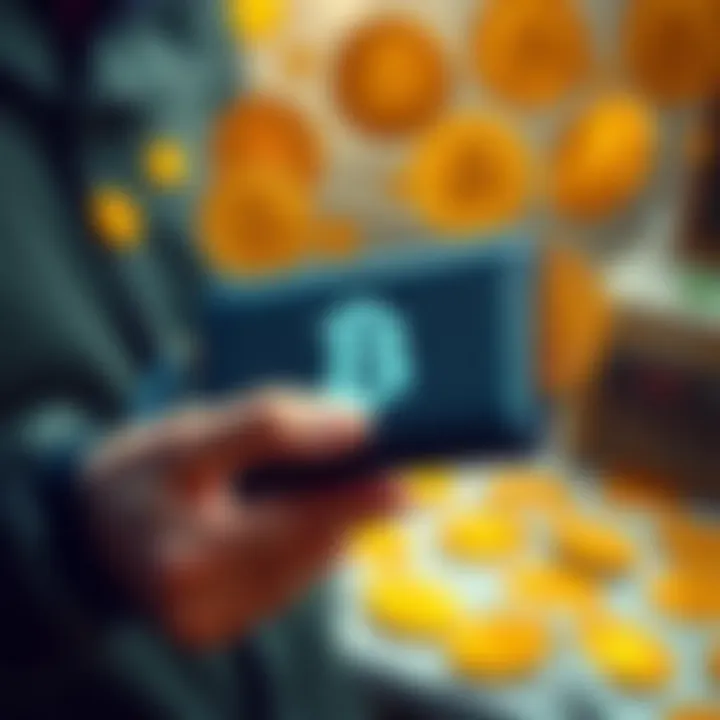 A person holding a cold wallet device with Bitcoin symbols around, representing secure cryptocurrency storage.