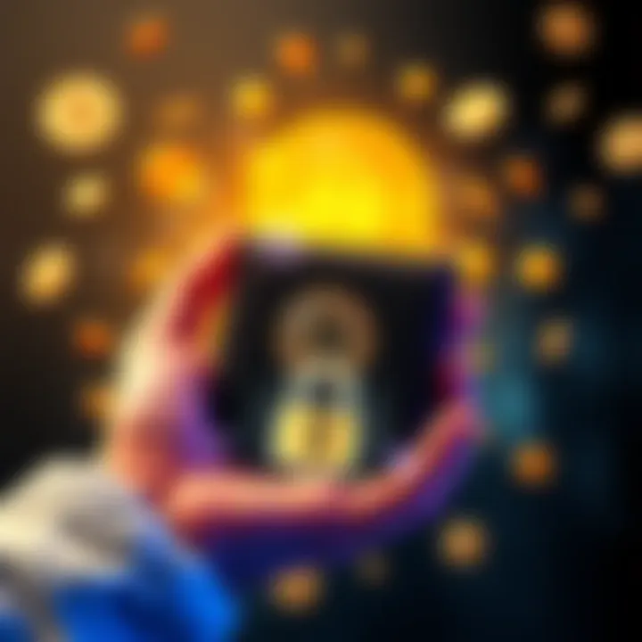 A person holding a hardware cold wallet with a Bitcoin logo, surrounded by digital coins and a secure lock symbol.