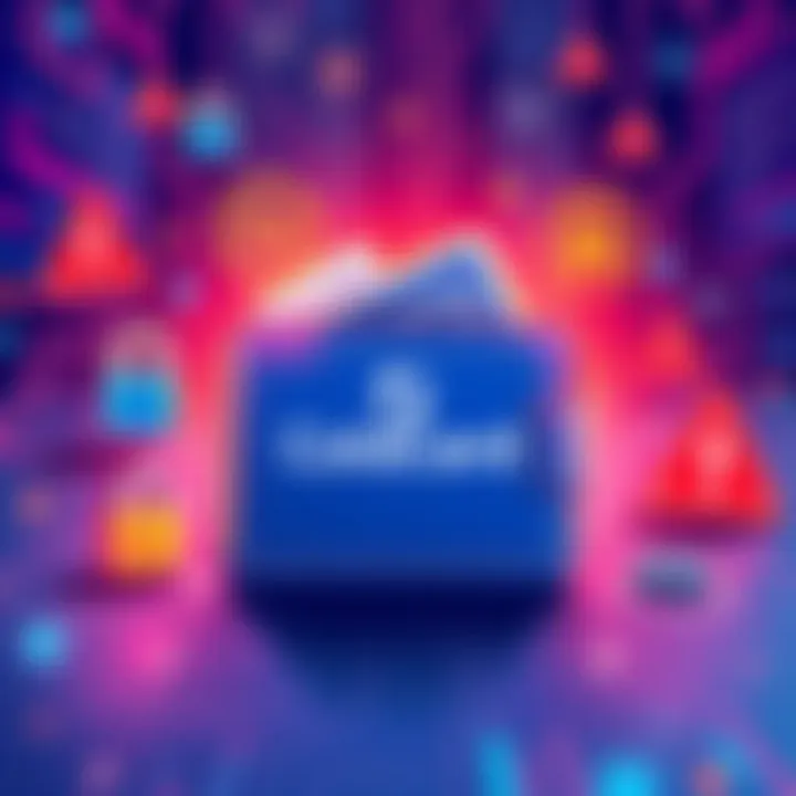 Coldcard Wallet Illustration Illustration showing a Multi-Sig wallet with the Coldcard logo, surrounded by digital security icons symbolizing risks and vulnerabilities, like lock and warning signs.