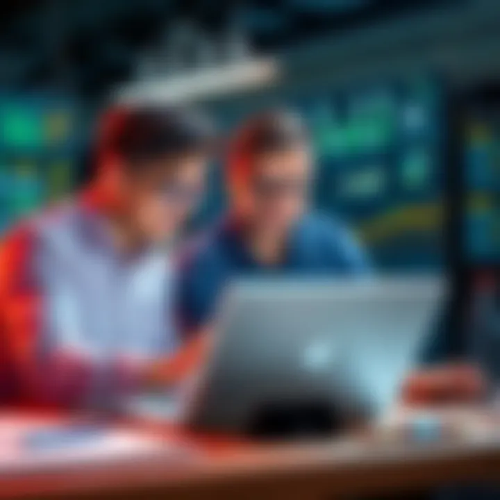 Two individuals discussing backend systems and research ideas over a laptop