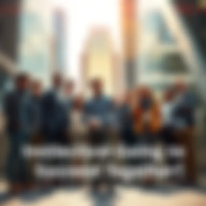 A diverse group of people collaborating in a bright, urban setting, symbolizing unity and shared goals