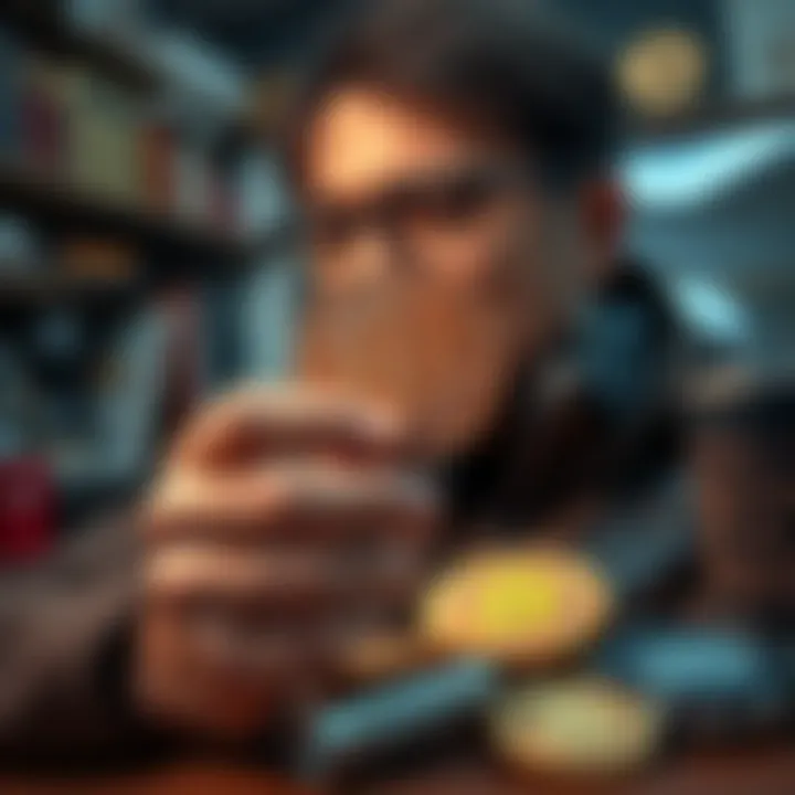 A passionate bitcoin collector examines a rare rose gold bitcoin coin in their hand, surrounded by cryptocurrency-related items and collectibles.