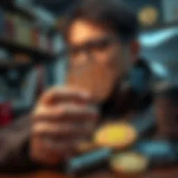 Collector Holding Rose Gold Bitcoin Coin A passionate bitcoin collector examines a rare rose gold bitcoin coin in their hand, surrounded by cryptocurrency-related items and collectibles.