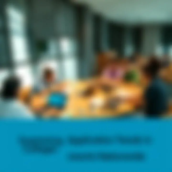 A diverse group of students discussing college application trends at a round table, with laptops and papers spread out.