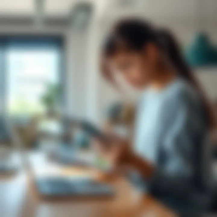A student looking through college brochures featuring volleyball and quantitative research programs on a desk with a laptop