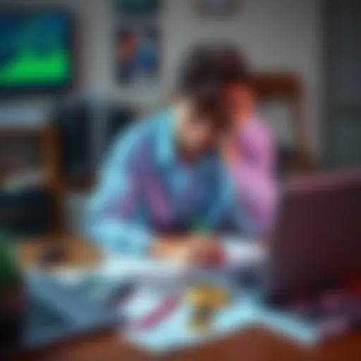 A stressed college student sits at a desk with his head in his hands, surrounded by financial papers and a laptop showing cryptocurrency prices.