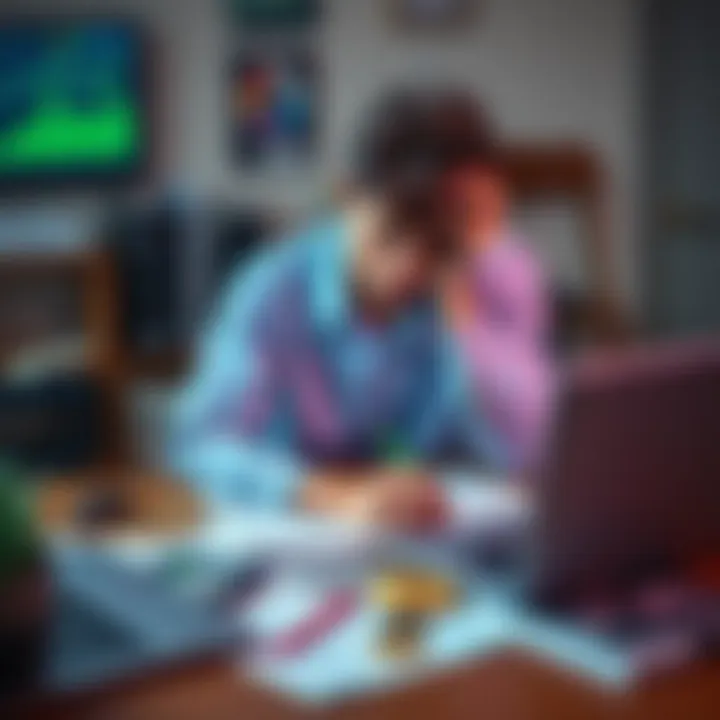 College student worried about crypto losses A stressed college student sits at a desk with his head in his hands, surrounded by financial papers and a laptop showing cryptocurrency prices.