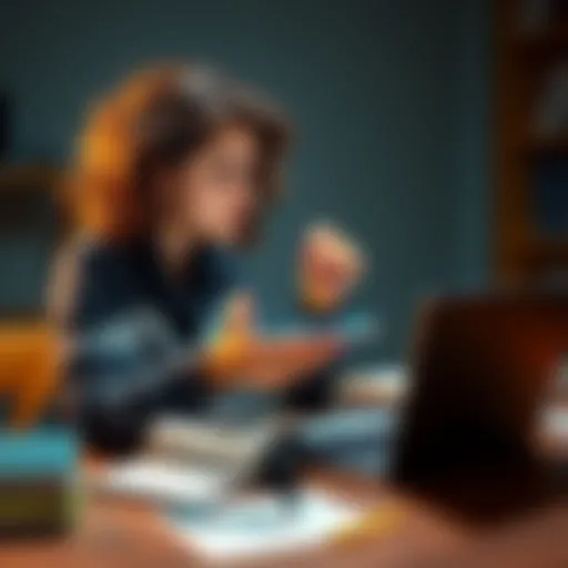 A college student sitting at a desk with a tablet in one hand and a laptop in the other, looking thoughtfully at both devices, surrounded by textbooks and notes.