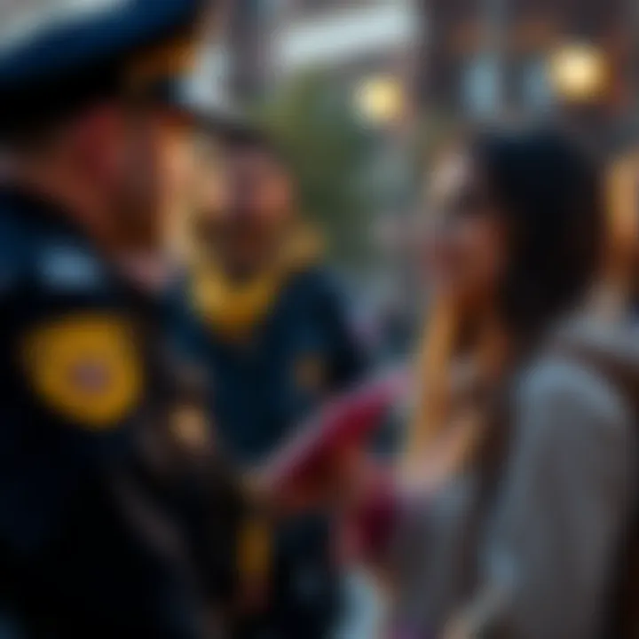 A college student speaking with police officer about a reported rape threat on campus.