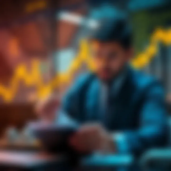 A financial professional analyzing cryptocurrency trends with a graph showing Bitcoin growth, symbolizing the launch of AFP Protección's Bitcoin fund for qualified investors in Colombia.