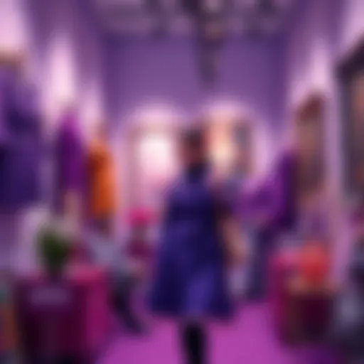 A vibrant display of various shades of purple in art and fashion items like clothing and paintings.