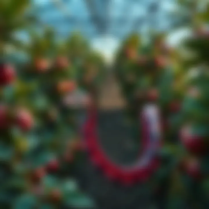 A vibrant color-changing snake slithering among apple trees in a greenhouse setting