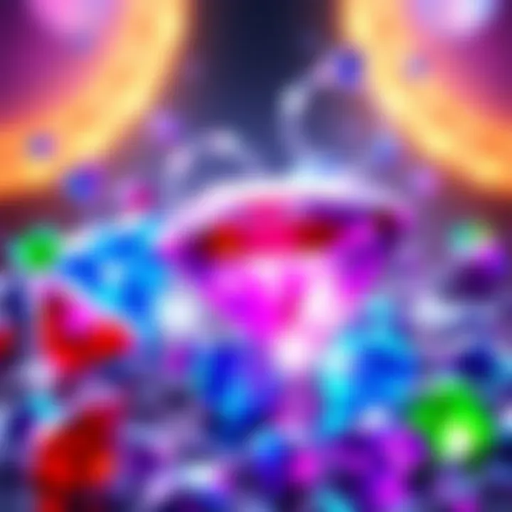 A collection of blue, red, green, and purple diamonds shining brightly, each representing unique rewards in a game.