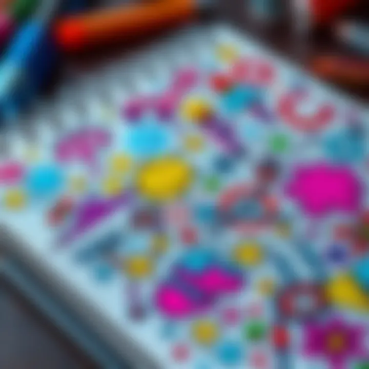 A close-up of a notebook filled with vibrant doodles in various styles, showcasing creativity and self-expression.