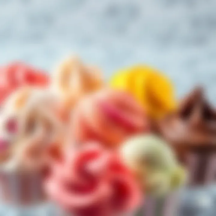 A variety of colorful gelato scoops in different bowls, showcasing flavors like strawberry, pistachio, and chocolate, perfect for summer