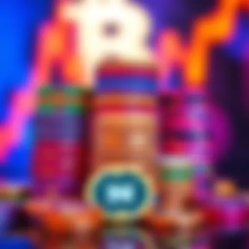 A variety of bright memecoins stacked in a playful arrangement, representing the trading market for these digital assets