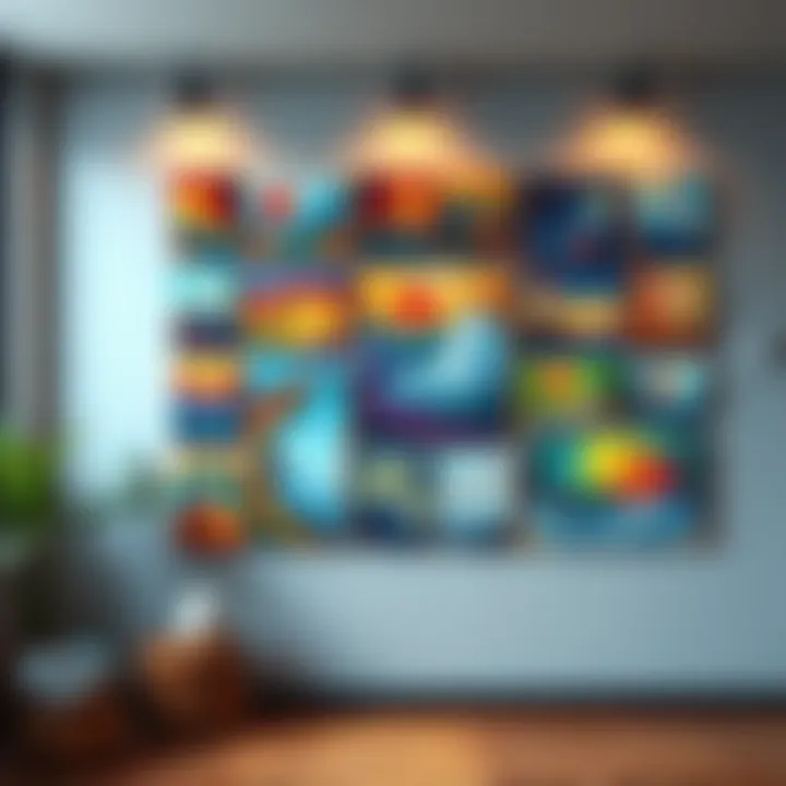 Colorful small canvases on a wall A collection of vibrant small canvases hanging on a wall, showcasing various art styles and colors, enhancing the room's decor.