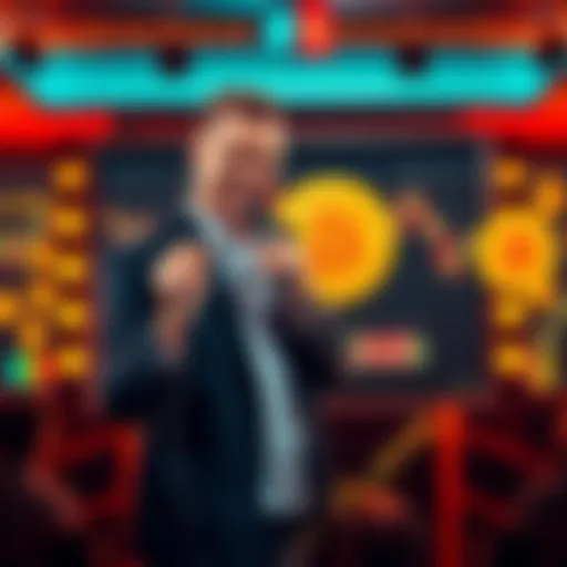 A stand-up comedian on stage holding a microphone, with a visual of Bitcoin symbols and graphs in the background, engaging an online audience through a virtual screen.