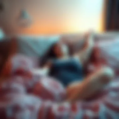 A person relaxing in a cozy bedroom, wearing a soft pajama tank top designed for larger bust sizes, surrounded by pillows and blankets.