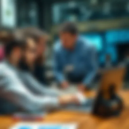 A group of people discussing a long-term investment strategy while looking at charts and graphs on a laptop