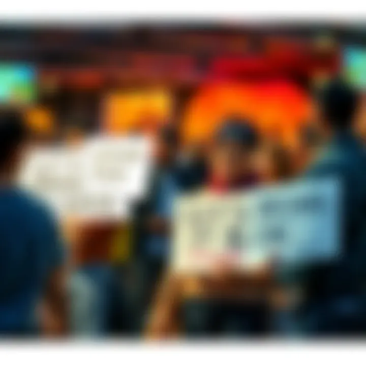 A diverse group of people discussing and sharing ideas at a community event, holding signs advocating for cultural revival in 2026