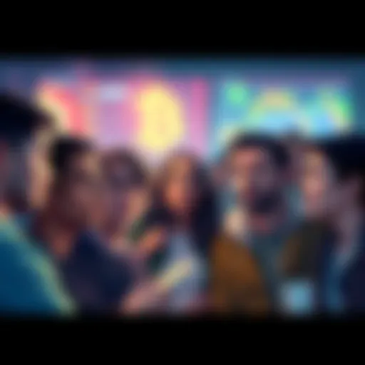 A group of people discussing cryptocurrency updates, with expressions showing concern and curiosity about market trends.