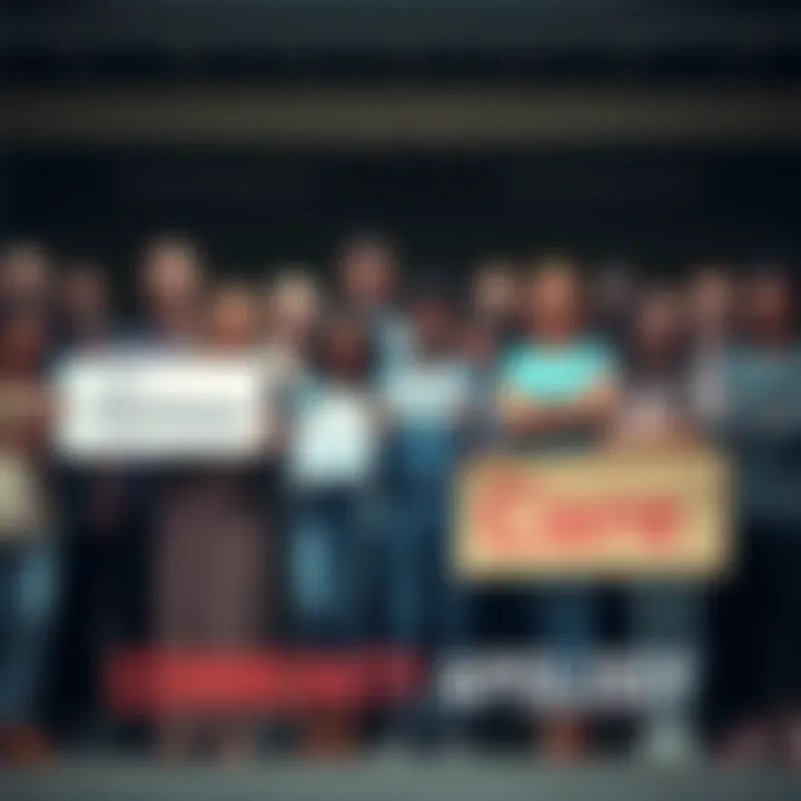 A group of diverse people standing together, showing unity and support, holding signs that say 'Thank You' and 'We Care' in a community setting.
