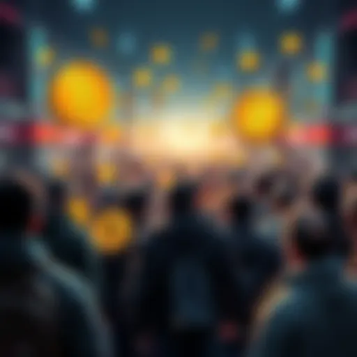 A group of people gathering to withdraw cryptocurrency from exchanges, symbolizing a bank run for XMR and BCH coins, with digital currency icons in the background.
