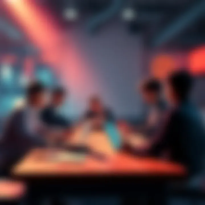 A group of people discussing innovative ideas for the Pi blockchain project around a table with laptops and notes