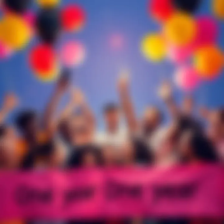 Community Celebration A group of diverse people celebrating together with balloons and banners, showing unity and joy for their one-year anniversary.