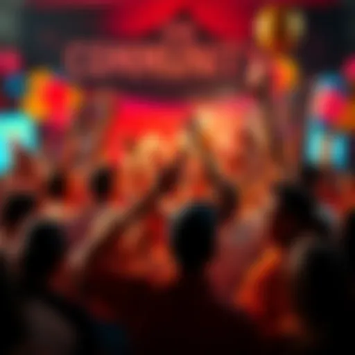 A vibrant gathering of people celebrating the achievement of 10,000 members, with balloons and banners in the background.