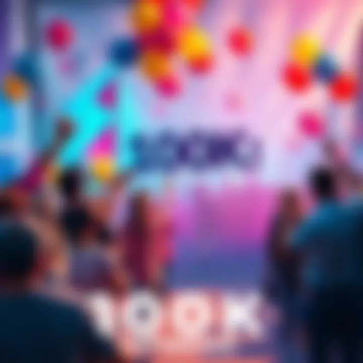 People gathering with balloons and banners to celebrate reaching a milestone of 100K members.