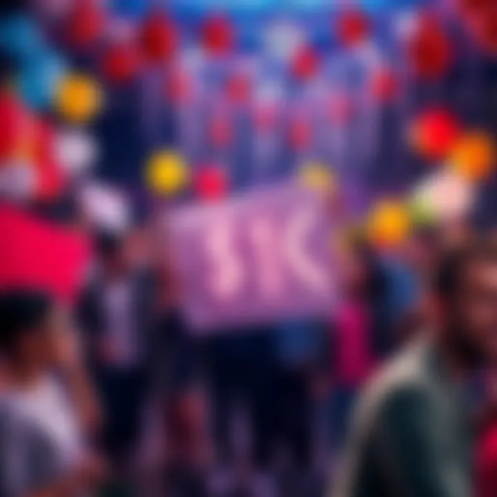 A group of people celebrating together, holding signs and balloons to mark the achievement of hitting $1,000. Bright decorations and smiles fill the scene.