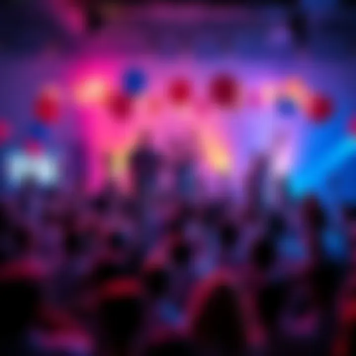 A lively gathering of people celebrating a milestone achievement with balloons and banners in a festive atmosphere.