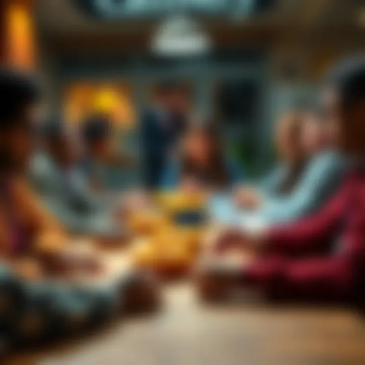 People discussing topics with donuts on a table