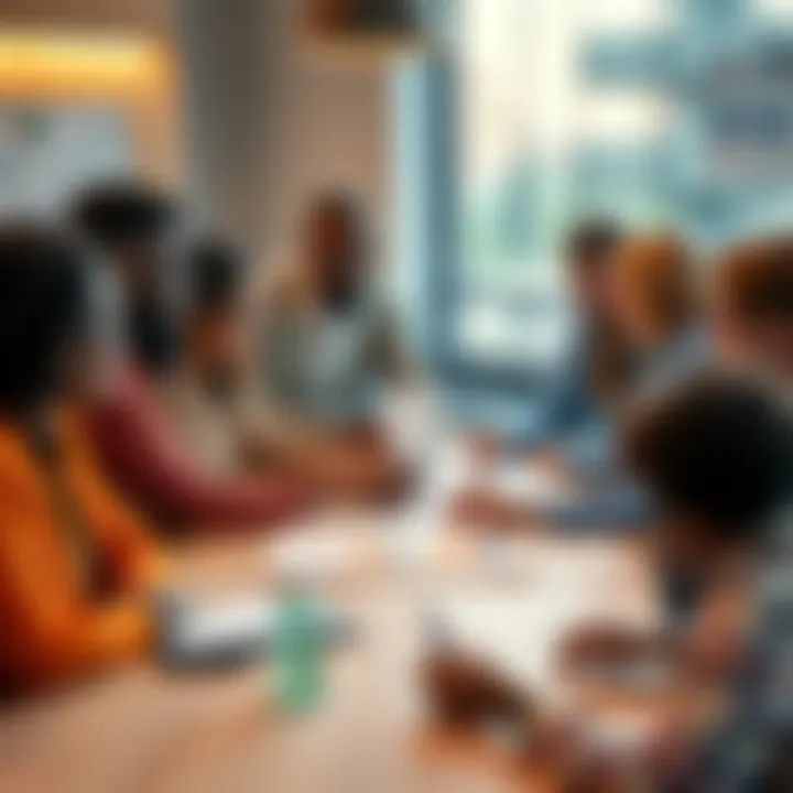 A diverse group of people collaborating around a table, discussing strategies to thrive in slow markets, with charts and plans visible.