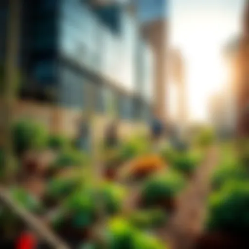 A vibrant community garden with people tending to plants and vegetables, surrounded by city buildings.