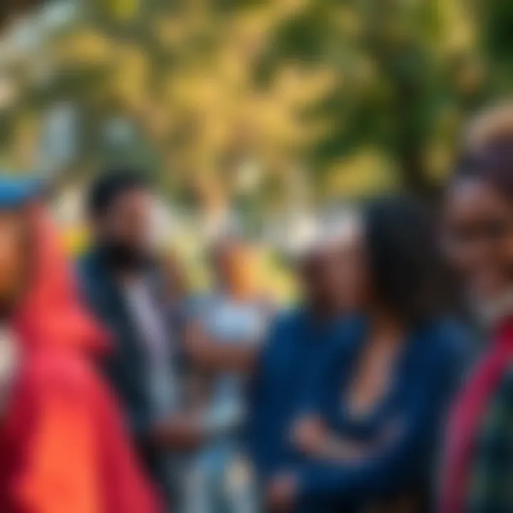 A group of diverse people smiling and chatting in a park setting, symbolizing connection and engagement.