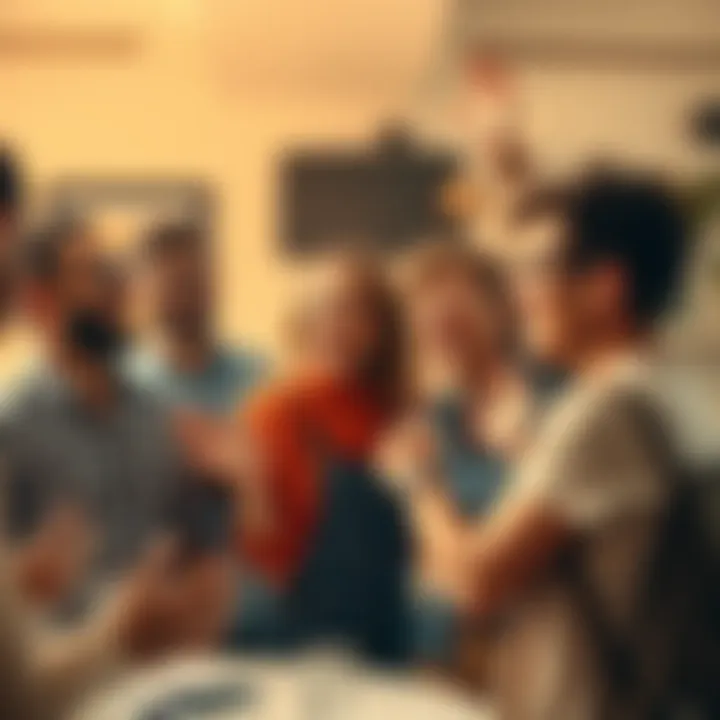 A group of enthusiastic community members gather, sharing ideas and excitement about recent developments, with smiles and energetic gestures.