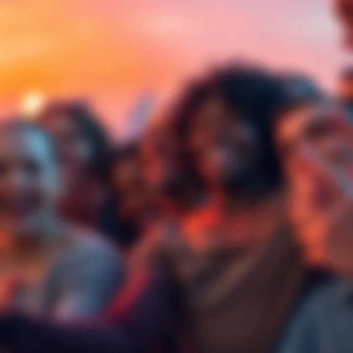 A group of smiling people celebrating together, showing unity and support, with a backdrop of positive comments and uplifting vibes.