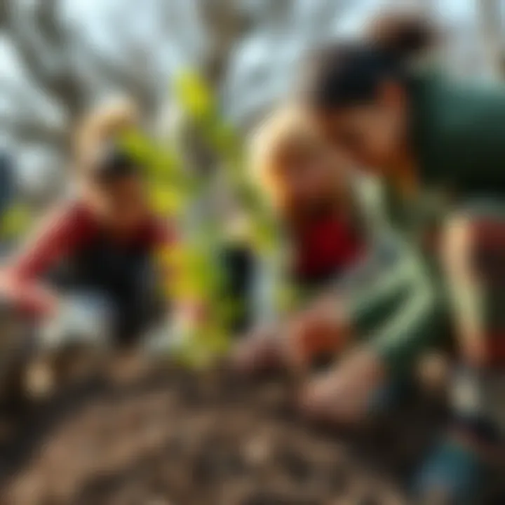 A person planting a tree with a group of community members, demonstrating teamwork and commitment to environmental change.